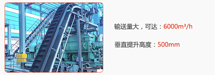 大傾角帶式輸送機輸送量大,可達:6000m3/h,垂直提升高度:500mm