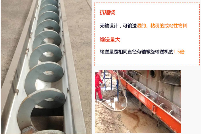 WLS無軸螺旋輸送機(jī)輸送量大是相同直徑有軸螺旋輸送機(jī)的1.5倍，抗纏繞性好，無軸設(shè)計，可輸送濕的、粘稠的或粘性物料。